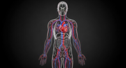 A transparent human body with visible internal organs and blood vessels, set against a black background.
