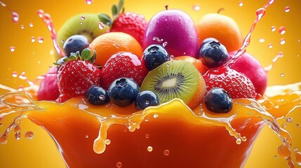 assortment of fresh colorful fruits including strawberries blueberries kiwi and oranges splashing into orange juice with vibrant energetic background