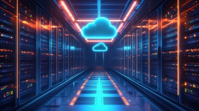 Futuristic data center corridor with glowing server racks and neon cloud icons floating in the center emitting vibrant blue and orange light