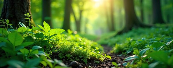 Sunlit Green Forest Vibrant Woodland Scene Celebrating Earth Day, showcasing the beauty and importance of environmental conservation and the preservation of natural habitats.