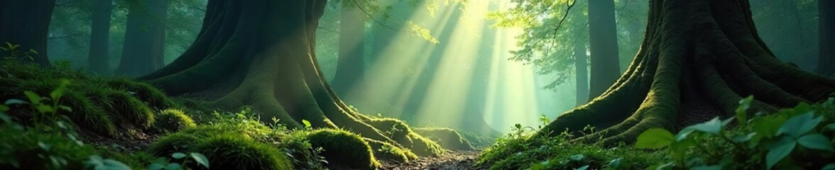 Sunlight Dapples Ancient Forest Floor Magical Mossy Canopy, Fantasy Nature Scene