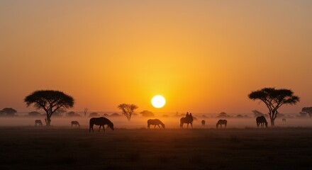African sunrise silhouetted horses grazing in misty savannah at dawn
