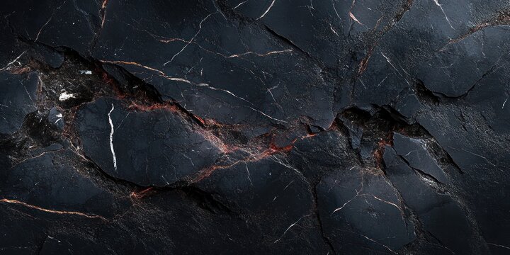 Close-up of dark cracked rock surface with glowing red fissures and intricate textured patterns suggesting intense heat or volcanic activity