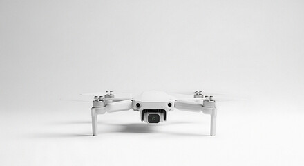A front view of a small white drone with camera centered on a white background in a studio setting