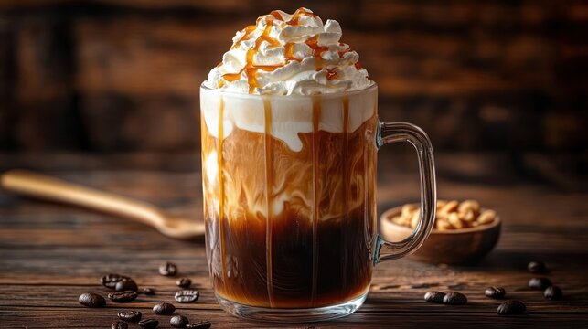 Glass mug of layered iced coffee topped with whipped cream and caramel drizzle on wooden surface with coffee beans scattered around - Powered by Adobe