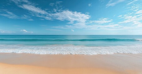 Obraz premium calm ocean waves gently washing onto sandy shore under bright blue sky with scattered clouds evoking peaceful and serene atmosphere