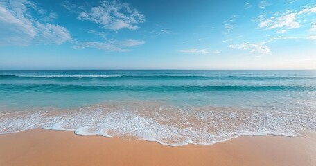 Peaceful ocean scene with gentle waves washing onto a sandy beach under a partly cloudy blue sky