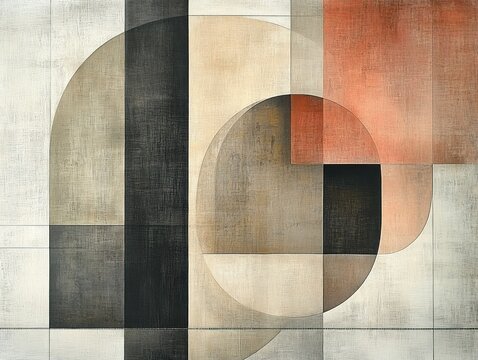 Abstract composition of overlapping geometric shapes including rectangles, squares, and circles in muted tones of beige, black, gray, and terracotta, evoking a sense of balance and calm