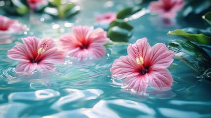 Delicate pink hibiscus flowers floating gently on calm blue water surrounded by green leaves, creating a serene and peaceful atmosphere