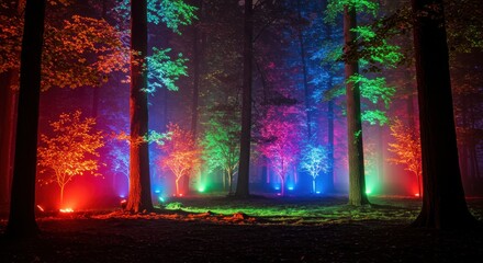 Enchanting forest illuminated with vibrant, colorful light displays at night