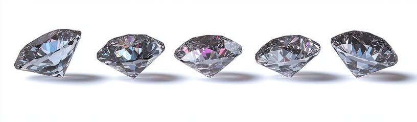 Five sparkling diamonds aligned in a row on a white surface reflecting colorful light creating elegant shadows