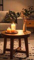 Cozy Living Room with Burning Candles and Warm Light Ambiance