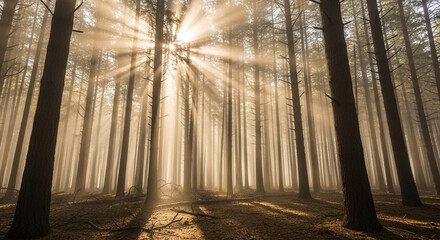 Sunburst through tall trees in a misty forest, creating a serene and ethereal atmosphere with golden rays illuminating the woodland landscape