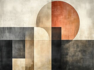 Abstract geometric artwork with overlapping squares, rectangles, and a large reddish circle creating a textured composition in earthy tones