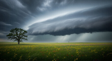 Dramatic storm cloud looms over a lone tree in a field of wildflowers, creating a captivating scene of natures power and beauty in the countryside