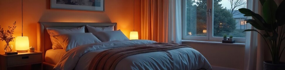 Serene Bedroom with Warm Ambient Lighting Cozy and Relaxing Interior Design