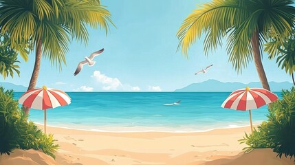 Sunny tropical beach scene with red and white umbrellas under palm trees, calm turquoise ocean, distant island, and seagulls flying peacefully in a clear blue sky