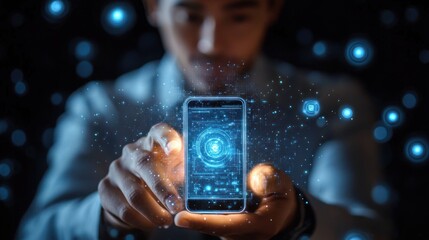 Person holding a smartphone with digital holographic interface and glowing technology icons floating around in a dark environment