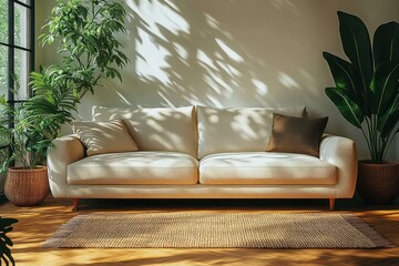 sunlit cozy living room with beige sofa, two cushions, indoor green plants in woven baskets, and natural textured rug on wooden floor