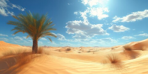 Bright sunny desert landscape with sand dunes, a single palm tree, scattered dry bushes, and a partly cloudy blue sky creating a serene atmosphere