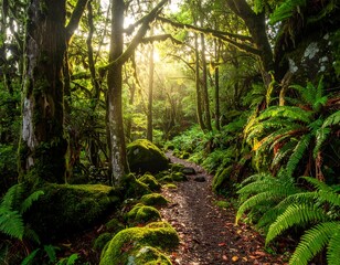 Lush forest scene, sunlit path, moss-covered rocks and trees
