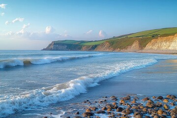 Calm sea waves gently rolling onto a rocky beach with green cliffs under a clear blue sky during daylight