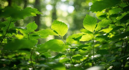 Sunlight illuminates lush green leaves in a forest, creating a serene scene