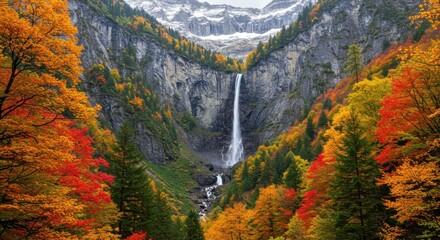 Majestic waterfall cascading through autumnal forest with snow-capped mountain backdrop