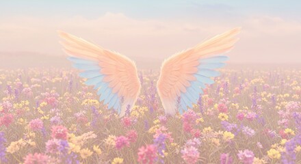 Ethereal wings hovering above a pastel wildflower meadow in dreamy light
