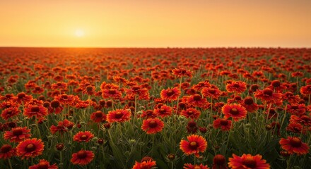 Sunset over a field of vibrant red and orange gaillardia flowers, creating a warm, dreamy atmosphere