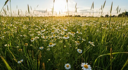 Daisy field at sunset golden hour glow over a meadow of white and yellow blooms