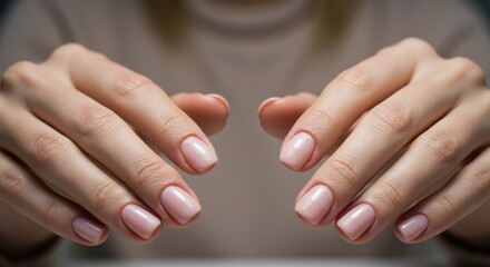 Elegant hands with soft pink manicure, showcasing a fresh and clean beauty aesthetic