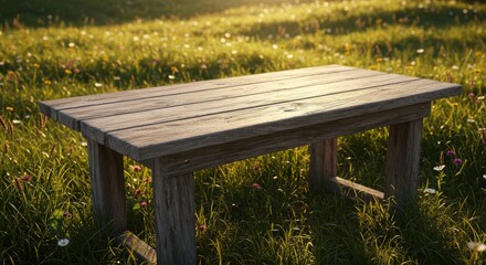 Rustic wooden bench bathed in golden sunlight amidst a wildflower meadow