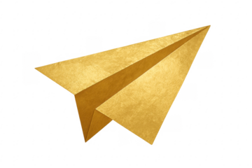 Golden paper airplane flying forward on transparent background