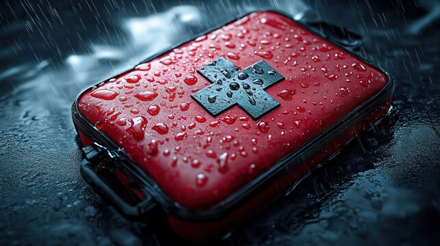 red first aid kit with a black cross symbol covered in water droplets lying on a wet surface with rain falling heavily