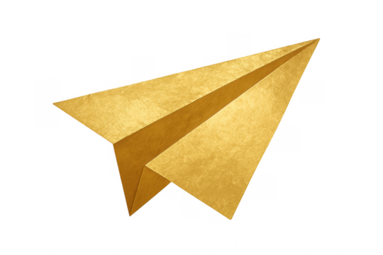 Golden paper airplane flying forward on transparent background - Powered by Adobe