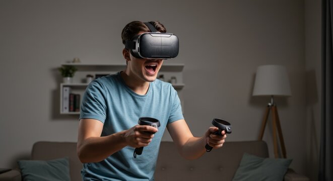 Person wearing virtual reality headset and holding controllers indoors with excited expression.