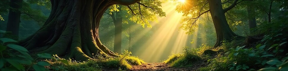 Sun-Dappled Forest Peace Ancient Woods, Tranquil Sunlight Illuminating Intricate Textures