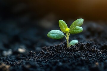 Close-up of a small green seedling emerging from rich dark soil with delicate fresh leaves under soft natural light