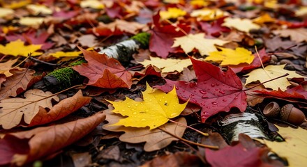 Autumn leaves and acorns fallen on the ground in close up