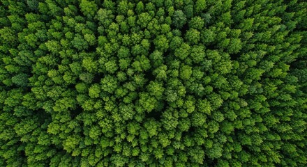 Aerial view of dense green forest canopy, showcasing vibrant foliage and natural textures