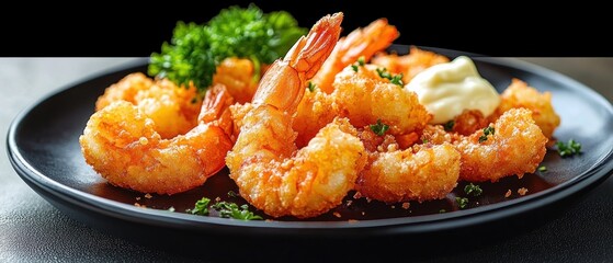 Close-up of golden crispy fried shrimp served on a black plate garnished with fresh green herbs and a dollop of creamy sauce, evoking a delicious and appetizing mood