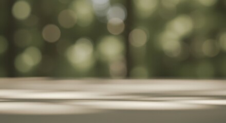 Abstract bokeh background with wooden surface in soft green and beige tones