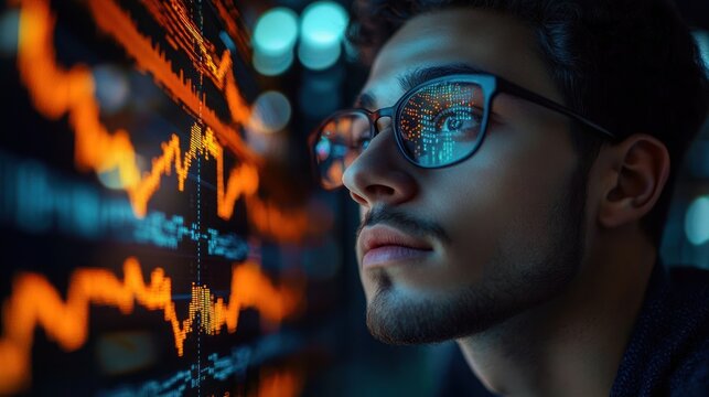 Young man with glasses intently analyzing bright orange stock market graphs and digital data on a dark screen reflecting in his lenses, focused and contemplative expression