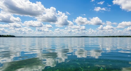 Tranquil lake scene with cumulus clouds reflected in the clear water