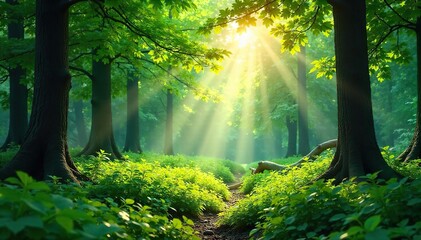 Sun-Drenched Forest Canopy Vibrant Green Summer Forest Floor with Dappled Light