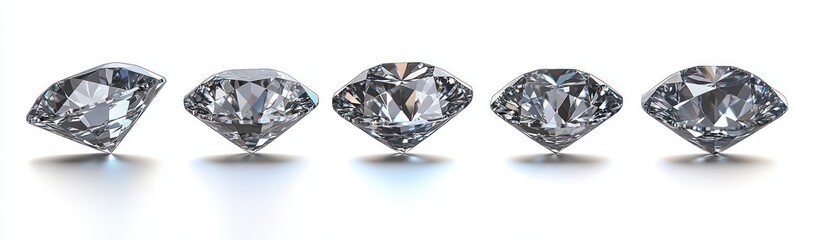Five sparkling transparent diamonds arranged in a row on a white reflective surface showcasing various angled cuts and brilliant facets