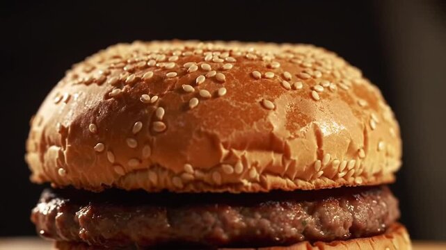 Closeup shot of a sesame seed hamburger bun being pressed by fingers