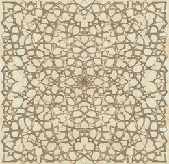 Intricate symmetrical beige and brown geometric lattice pattern with interconnected abstract shapes forming a complex decorative design