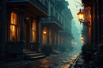 Moody Victorian Architecture Illuminated by Flickering Gaslight Dramatic Shadows and Intricate Details in an Atmospheric Urban Scene